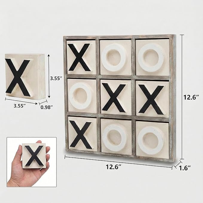 JEVERGN 12.6 Large Wooden Tic Tac Toe Game Rustic Coffee Table Game Wood Farmhouse Tic Tac Toe Board Game Decor Family Games for Adult &amp Kids Washed Brown