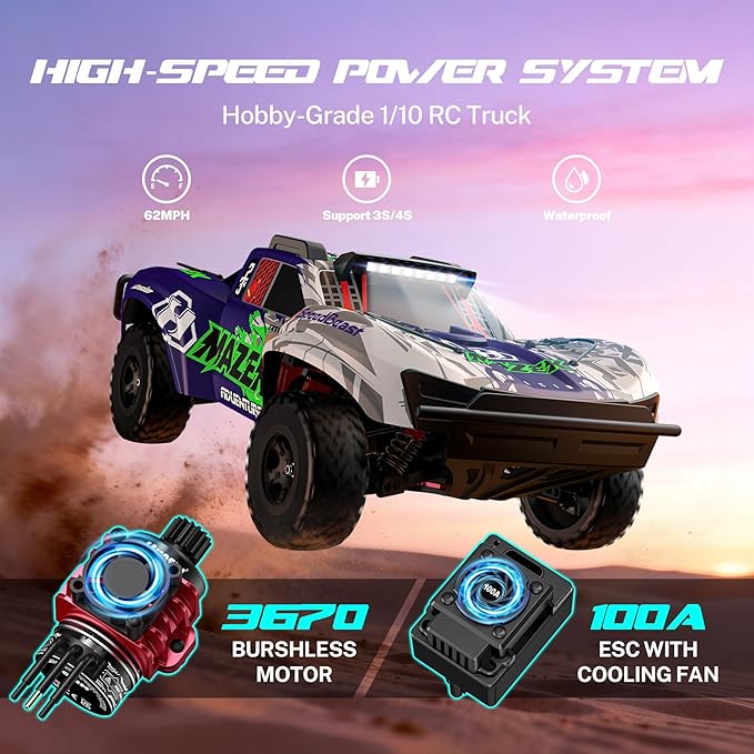 Hosim Fast RC Cars for Adults Brushless 1/10 Scale MAZEK 4x4 Off-Road Electric All Terrain Hobby Grade Monster Truck with 3S Lipo Battery &amp 100A ESC 4S Ready RC Truck Waterproof Remote Control