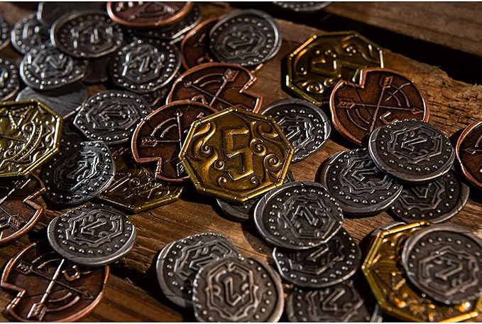 Cephalofair Games: Gloomhaven: Metal Coin Upgrade - 60 Coins &amp Drawstring Bag Board Game Accessory Metal Currency Detailed Art