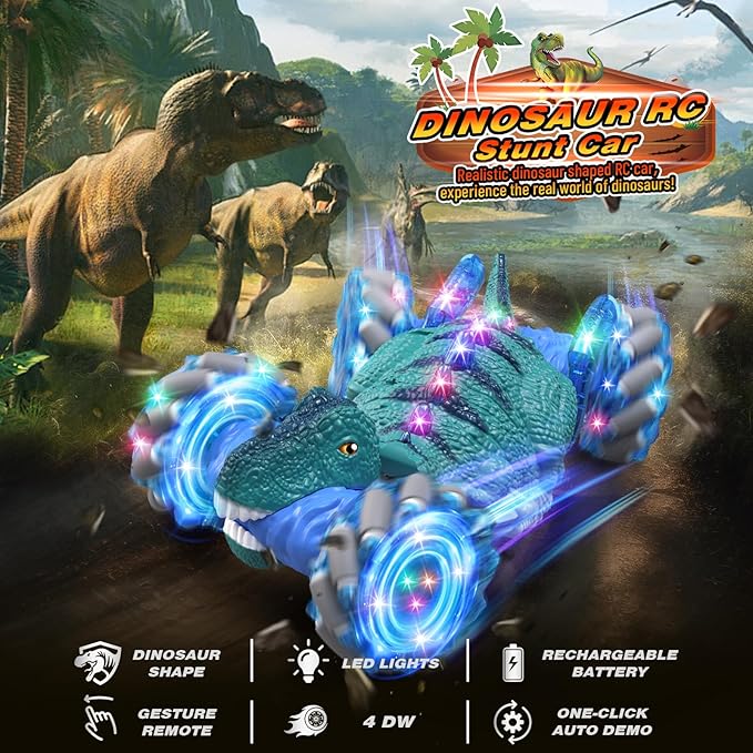 Remote Control CarDinosaur Toys car for Kids2.4GHz LED Gesture Sensing RC Car4WD Rotation RC Stunt Car with Lights and MusicDino Toys for Kids Ages 3 4 5 6 7 Gifts for Boys Girls(Blue)