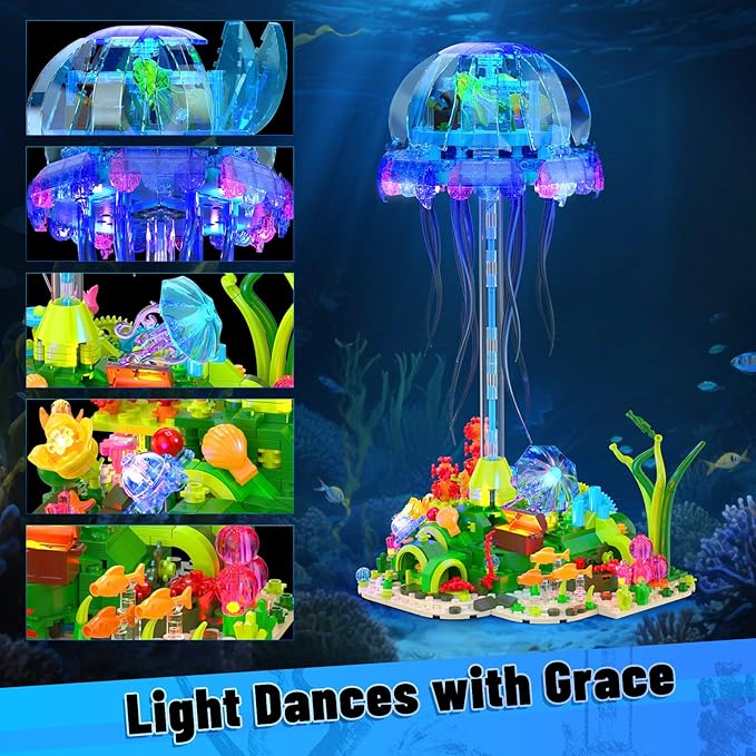 JMBricklayer Jellyfish Building Set with LED Lights Ocean Animal Collection Toy Floating Jellyfish Lamp Sea Creature Display for Adults Home &amp Office Decor Creative Gifts for Boys Girls 14+