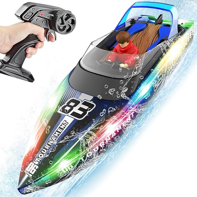 RC Boat with LED Lights 40+ Mins Self-Righting Waterproof Remote Control Boat for Pools Lakes Bathtubs Summer Water Toys for Kids Radio Controlled Watercraft (Blue)