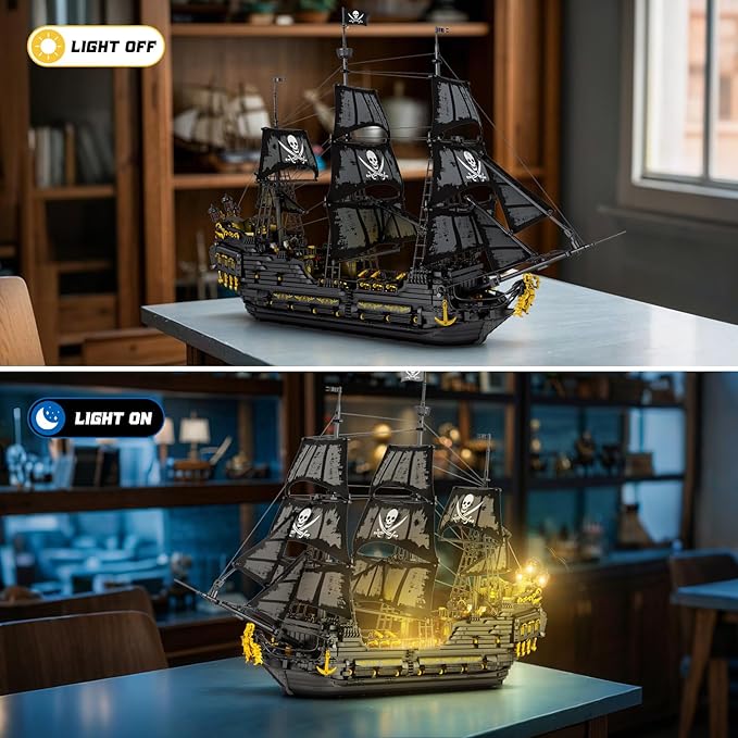 Reobrix Pirate Ship Building Set with LED LightsLarge Black Pearl Ship Model 66036Pirate Ship Sailboat ToyHalloween Home Decor Birthday GiftsModel Kits for Adult Boys Girls 14+（4304 PCS）