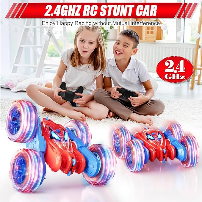 Spider Remote Control Car 360° Stunt RC Cars for Kids Ages 6-12 Double-Sided Rotation 4WD Cool Wheel Lights&amp2.4GHz Control Rechargeable Electric Race Car Toys Gift for Boys Girls (Red&ampBlue