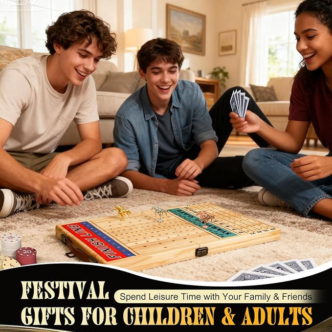21 Inches Horse Racing Game Horse Race Board Games with 11 Luxury Metal HorsesThickened Wood ChessboardChipsCards and Dice Classic Wooden Table Top Board Games for Adults and Family
