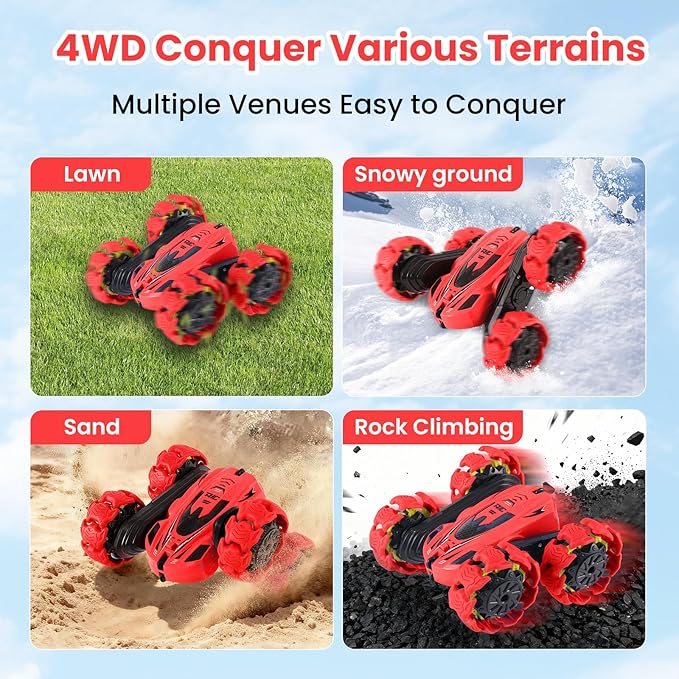 RC Stunt Car 360° Flips &amp Double-Sided Remote Control Truck with LED Lights 2.4GHz High Speed All Terrain Off-Road Toy Car Gift for Boys Girls Kids Ages 6-12 (Red)