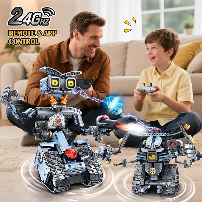 Changeable LED Eyes Robot Building Set- 5 in 1 Remote &amp App-Controlled Robotic Building Block RC Elephant/Bulldozer/Tank/Tracked Model Kit Toys Gift for Kids Boys Girls Teens Age 12+ Years Old