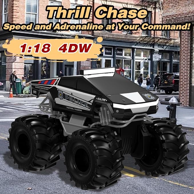 Police Remote Control Car 1:18 Cyber Truck Remote Control Car 2.4 GHz Waterproof Amphibious RC Cars 4WD All Terrain Off-Road Pickup 360° Rotatable Monster Truck Toys for Boys RC Cars Ages 6+