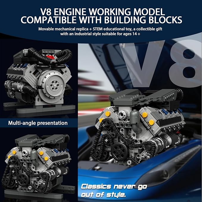 Working V8 Engine Model Building Kit Block-Compatible Physical Science Experiment STEM Toy Collectible Ornament and Creative Gift for Teens Aged 14+ and Adults(931 PCS)