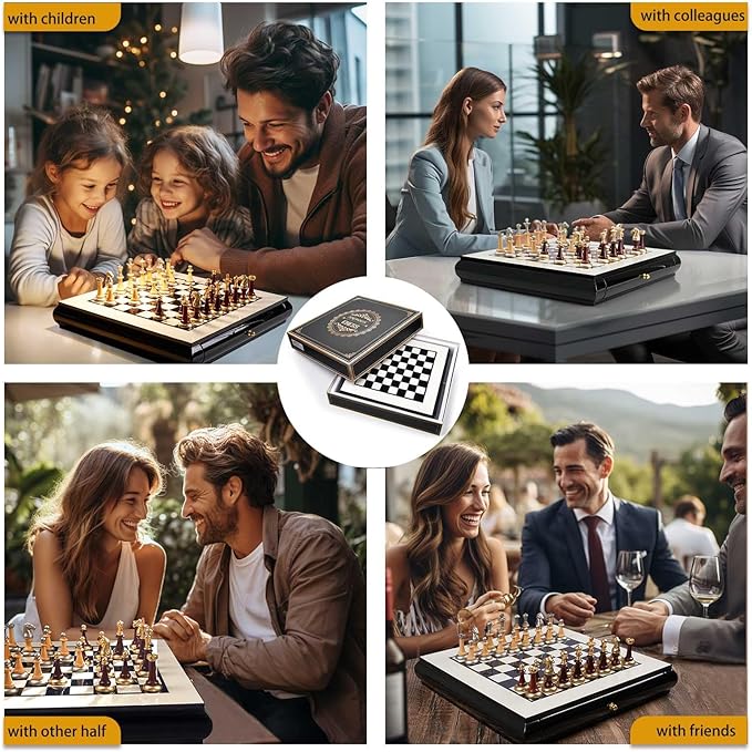 AMEROUS 16 Inches Wooden Chess Set Large Size Board with 2 Built-in Storage Drawers - 2 Extra Queens - Metallic &amp Wooden Chess Pieces - Gift Packaging Board Games for Adults and Kids