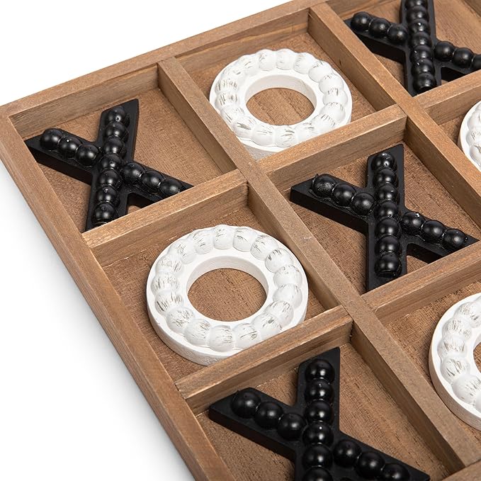 GENMOUS Wooden Tic Tac Toe Game Board for Seniors Family Indoor 10.6 Inch White Rustic Giant Tic Tac Toe Coffee Table Decor Tic Tac Toe Board Game Fun for Family Travel Outdoor Game Room Decor