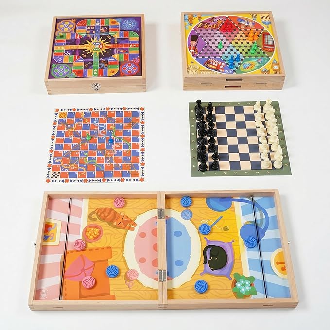 5-in-1 Wooden Board Games for Kids &amp Adults Premium Beech Wood Frame Family Game Center with Fast Sling Puck Detachable Flat Chess Board Chinese Checkers Ludo &amp Snakes and Ladders