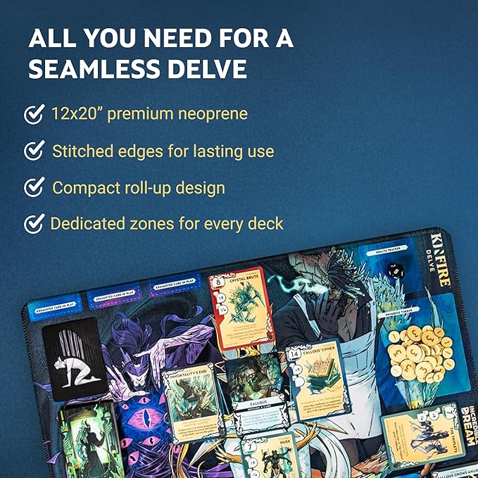 Kinfire Delve Official Playmat – 12x20’’ Neoprene Game Mat with Stitched Edges – Organize Your Well Deck Health Tracker and Challenges – Smoother Gameplay and Easier Handling