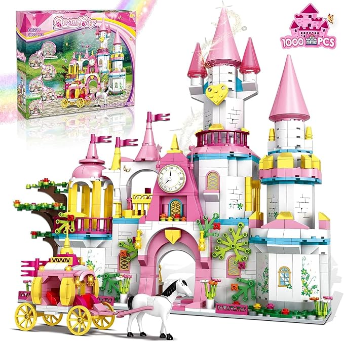 Castle STEM Building Toys for Girls Ages 6-12 Years Old 1000PCS Building Sets for Girls &amp Boys Pink Princess Castle Carriage Playset (Castle Building Blocks)