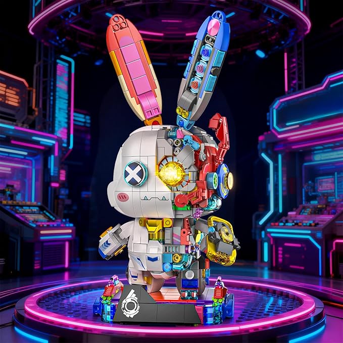 Mechanical Bunny Building Set 1377PCS Cyberpunk Technic Animal Collection Model Kit Creative Rabbit Animal Building Block Toys with Lights&ampDisplay Stand Easter Decor Gift for Boys Girls Adults Te