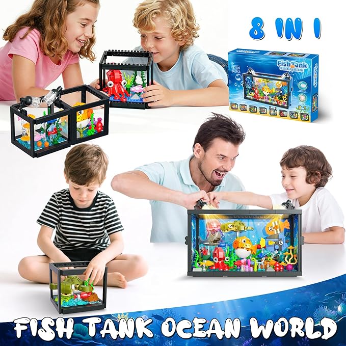 8 in 1 Aquarium Building Sets with Light Compatible with Lego Fish Tank Building Kits Including Sharks Turtles Octopus Sea Animal Party Favor Toys for Boys Girls Kids Aged 8-12 640PCS