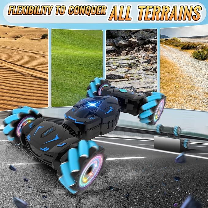Pristar RC Cars Gesture Sensing Stunt Car Best Gifts for Boys 6-12 2.4Ghz Remote Control Car Toys for Boys Age 6 7 8 9 10 11 12 Double Sided Flip 360° Rotate 4WD Off-Road with Spray Lights Music