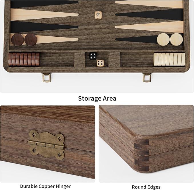 Luxury Walnut Backgammon Set - Wood Board with Travel Case Doubling Cube