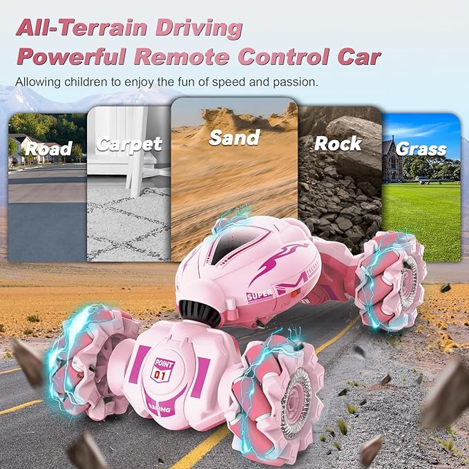 Pink RC Car Toys for Girls Aged 6-12 Gesture Sensing RC Stunt Cars with Lights Music for Girl Birthday Xmas Gifts 2.4GHz 4WD Pink Remote Control Toy Double-Side Flip 360° All-Round Rotation