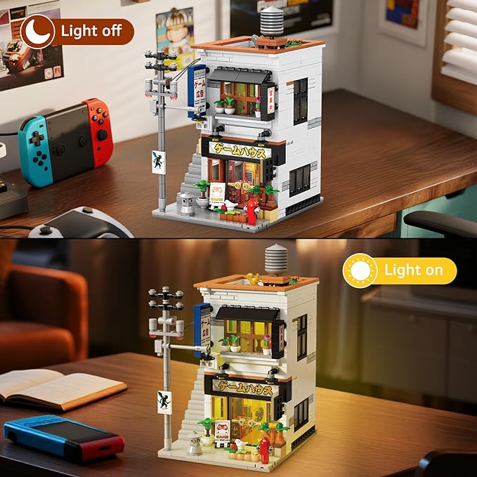 Reobrix Japanese Game Store Building Blocks with Light 2 in 1 Japanese Street View House Model Set 66503 Creative Modern Construction Toy Ideal Collectible Gifts for Adults and Boys