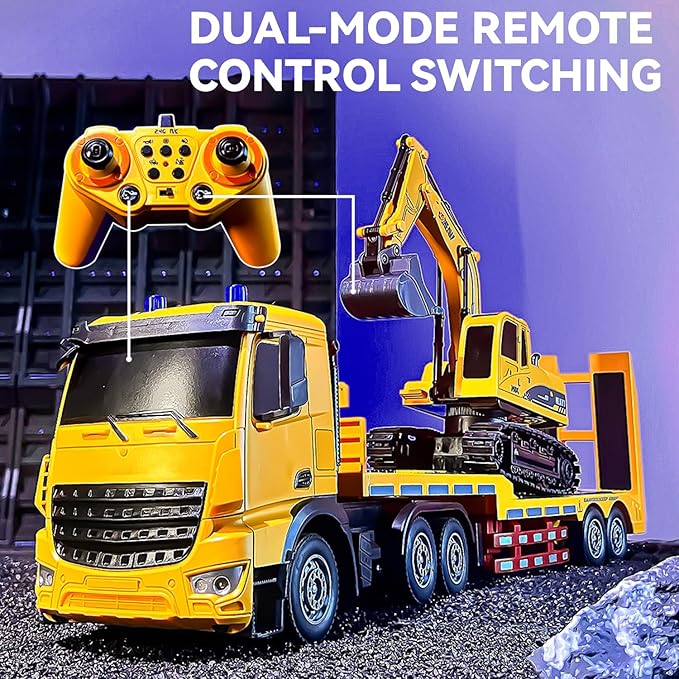 RC Semi-Trailer Truck with Excavator Toy Set - 1:12 Scale Remote Control Flatbed Truck and Excavator Toy for Kids 22.5 Inch with Lights &amp Music RC Construction Vehicle Toys for Boys 6-12 Years O