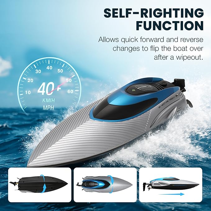 RC Boat for Adults &amp Kids Metallic Blue 2.4GHz Remote Control Racing Boat 25 MPH Self-Righting Waterproof Long Range Rechargeable LED Light High Speed Electric Toy Boat for Lake Pool &am
