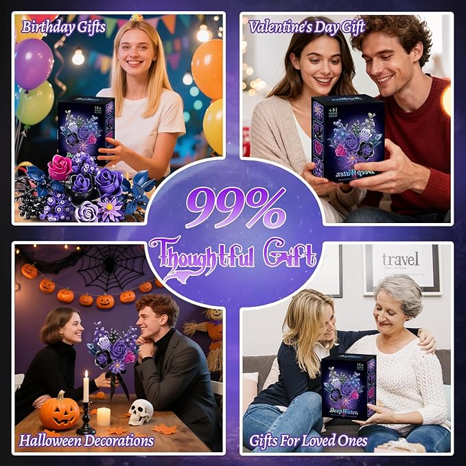 Gohero Purple Roses Building Blocks Set (822PCS) - Lego Compatible Flowers for Adults Gothic Home Decor for Women &amp Teen Girls Making It an Ideal Gift for Halloween Valentine's Day.