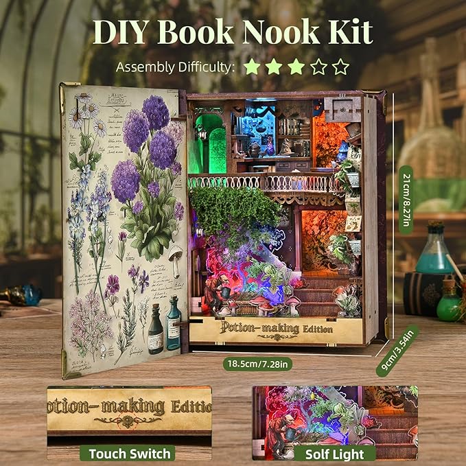 Magic Book Nook Building Set with Light Booknook Building Toys for Bookshelf Home Decor DIY Miniature House Model Kit Gifts for Adults (Potion-Making Edition)