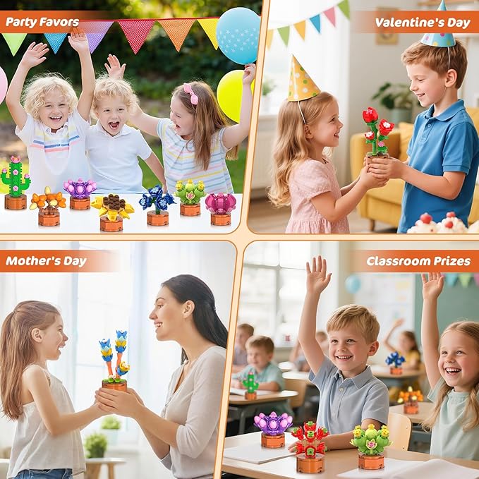 24 Pack Flowers Succulent Party Favors for Kids Building Set - 1012pcs Botanical Bonsai 3.6mm Mini Building Blocks Toy for Easter Basket Fillers Classroom Prize Stocking Stuffer Gift for Girl Boy 6+