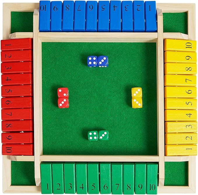 AMEROUS Shut The Box Dice Game-12 inches-Colorful Design-1-4 Players-12 Dice-Gift Package Classic 4 Sided Wooden Board Game for Adults Kids Classics Board Game