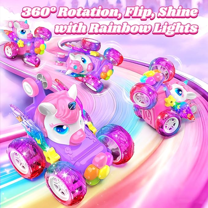 Unicorn RC Cars for Girl Toys with Glowling Crystal Wings &ampEyes Lights360°Rotation Remote Control Car Unicorn Stunt Car Birthday Gifts Easter Basket Stuffers for 3 4 5 6 7 8 9 10 Year Old Girls