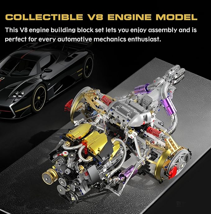 V8 Engine Model Kit that Works 1394 PCS Advanced Collectible Engine Building Block Sets with Lights &amp Spray Exhibited Gift to Adults/Boys 8-14/Home Office Decor