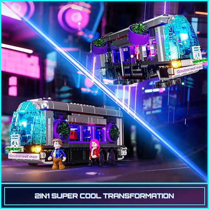 Cyberpunk Future-Bus Lighting-Building-Bricks Set - Cyberpunk City Future Vehicle Collection LED Light 2in1 Car Model Display Set 605 Pcs for Adults and Sci-fi Lovers