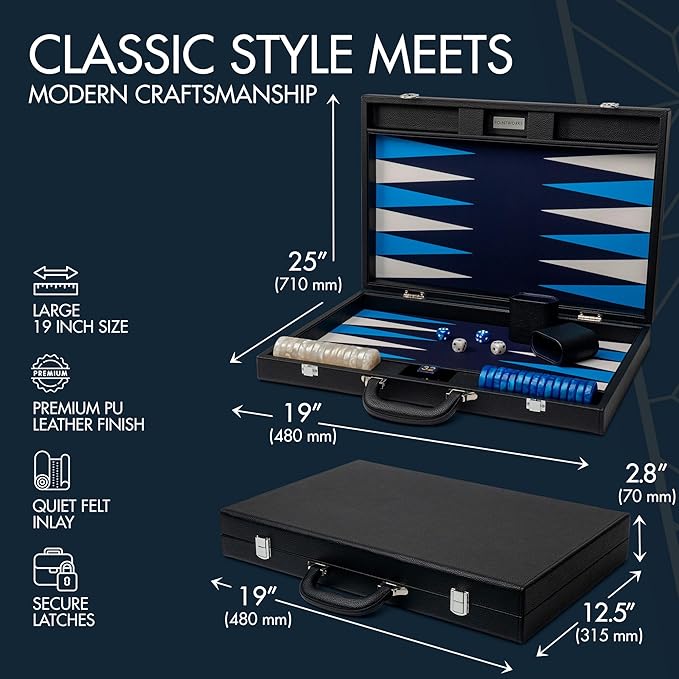 19 Inch Premium Backgammon Sets for Adults Leather Black - Blue. Premium 1.6 Inch Checkers &amp Dice Set Travel Backgammon Set Large Backgammon Board Game Backgammon Game Set