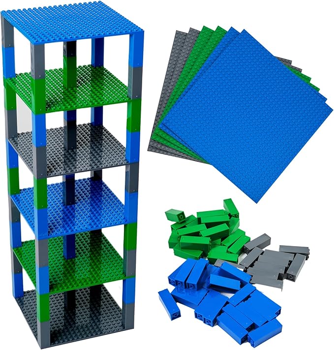 Strictly Briks Stackable Baseplates - Vertical Expansion with Stackable Brick Plates - Multi-Level Base Plate Organizer - Compatible with Lego - Pack of 6 Baseplates &amp 50 Connectors 6x6 in
