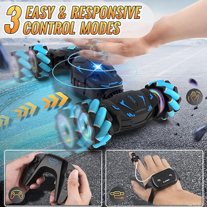 Pristar RC Cars Gesture Sensing Stunt Car Best Gifts for Boys 6-12 2.4Ghz Remote Control Car Toys for Boys Age 6 7 8 9 10 11 12 Double Sided Flip 360° Rotate 4WD Off-Road with Spray Lights Music