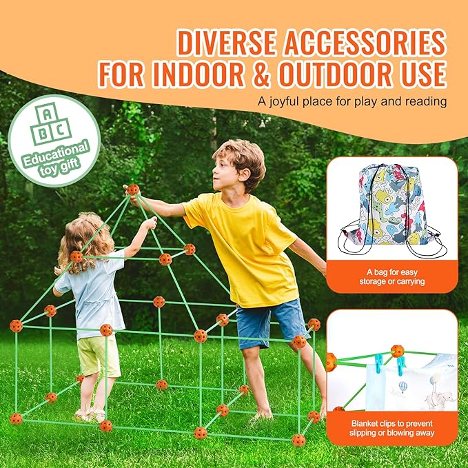 VEVOR Fort Building Kit for Kids 85PCS Glow in The Dark STEM Building Toys Educational Gift for 4 5 6 7 8+ Year Old Boys &amp Girls Indoor Outdoor Play Tent Construction Toys with 55 Rods and 30 B