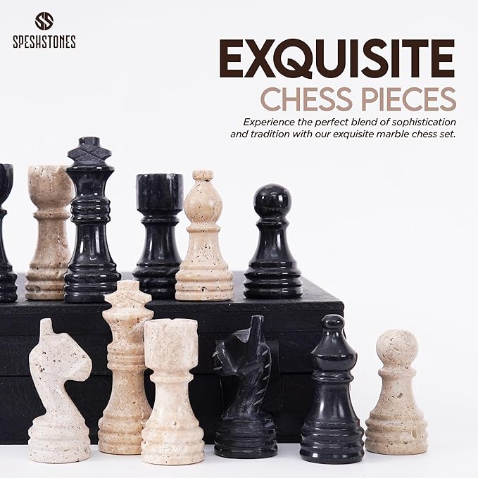 Marble Chess Set for Adults 12 Inch Handmade Travertine and Black Board Game with Storage Box Travel Chess Set for Tabletop with Pieces &amp 2 Extra Queens Gifts &amp Home Décor