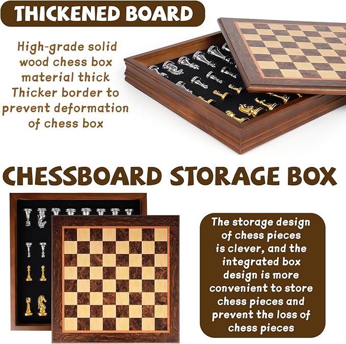 12-Inch Metal Chess Set with Wooden Board for Kids and Adults Gold &amp Silver Chess Pieces with Extra Queens Portable Small Chess Board for Travel Family Game Night Beginners &amp Professional