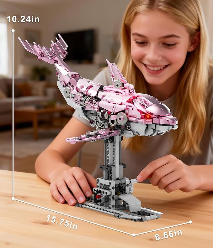 Mechanical Dolphin Building Kit Hand Crank Building Toys with Moving Jaw Swimming Tail &amp Glowing Light Effects STEM Educational Toy &amp Unique Desk Decor for Ages 8+ &amp Adults Pink