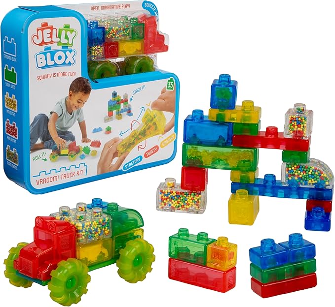 Goliath Jelly Blox Vrroom! Truck Kit | Includes 35 Blocks | Toddler &amp Preschool Building Blocks Kids Can Squeeze Stretch Squish | MESH ACCREDITED | Safety Tested Ouch-Free | Sensory Play Toy Age