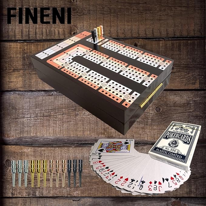 Foldable Cribbage Board Game Set Premium Wooden Foldable Board with Magnetic Lock 12 Metal Pegs Playing Cards with Travel Portable – Continuous 4 Track Board (Dark2)