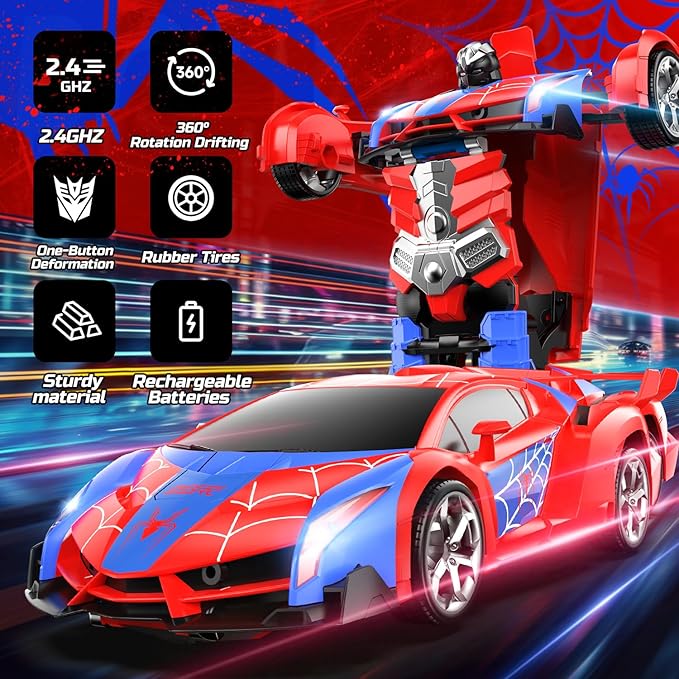 DEERC Spider RC Car Transform Robot 2.4GHz Remote Control Spider Cars for Kids 1:18 Scale Toy Car W/One-Key Transformation 360° Rotation Auto Mode Rechargeable Battery Robot for Man Boys