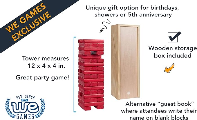 WE Games Wooden Block Stacking Party Game for Adults Tumble Tower Wedding Guest Book Alternative Tabletop Games Includes Storage Case 12 inches