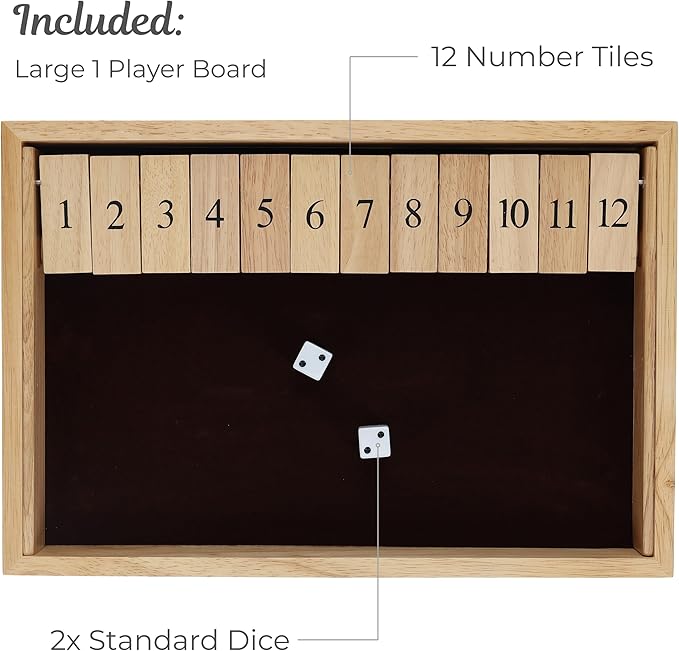 WE Games Wooden Shut The Box - Close The Box Set with 12 Number Tiles &amp 2 Dice Games - 13.5” Natural Wood Finish