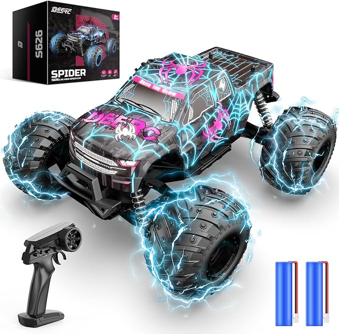 DEERC 1/16 Glowing Spider Remote Control Car - Fast RC Cars W/2 Rechargeable Batteries for 40 Min Play All Terrain Off-Road Monster Truck Toys for Boys Kids Age 4-7 8-12 Birthday Xmas Gift