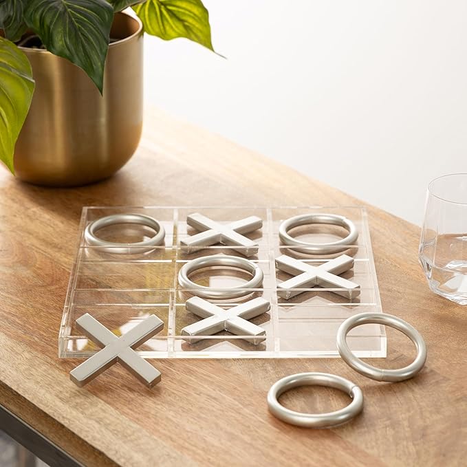 Deco 79 Acrylic Plastic Tic Tac Toe Game Set with Silver Pieces 12 x 12 x 1 Clear