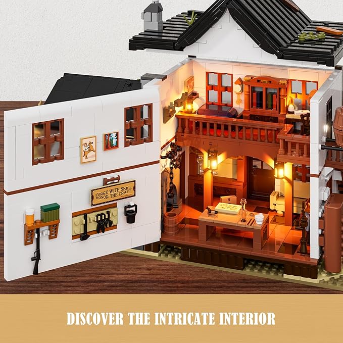 Wild West Blacksmith Lighting Building-Bricks Set - Western Forge House 2042 Pcs Collection Display Set for West Lovers