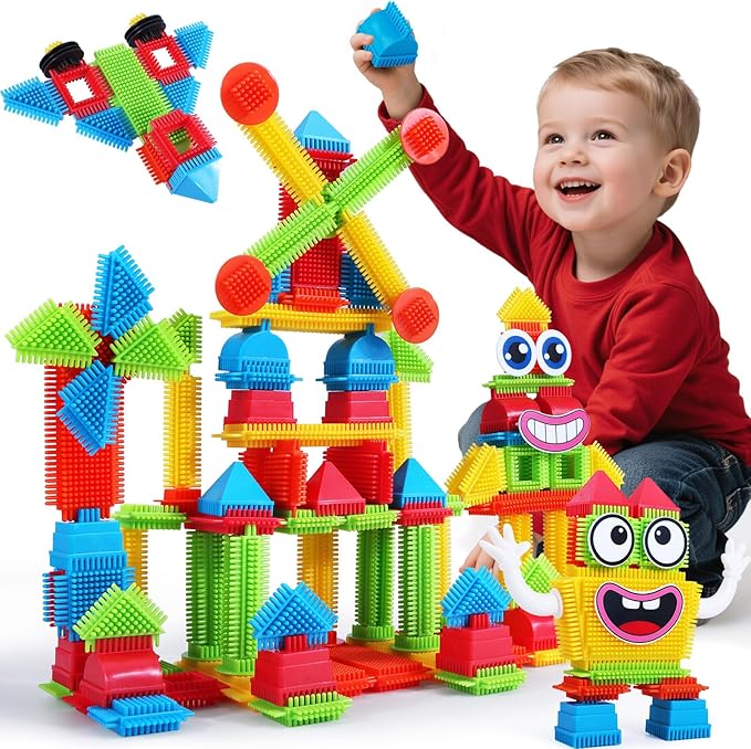 teytoy 200Pcs Building Blocks Toys Bristle Shape Building Blocks Set STEM Interlocking Construction Learning Toys for Kids Ages 3+