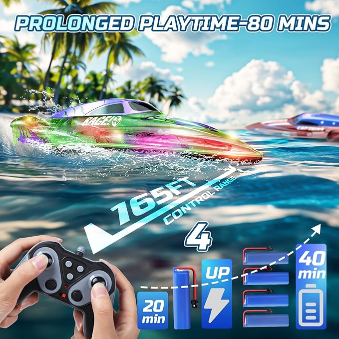 DEERC 2 Pack 13 inch Remote Control Boat for Kids 4 Batteries 2.4Ghz RC Racing Boat with LED Lights for Pools and Lakes Summer Water Toy Gift for Boys 8-12
